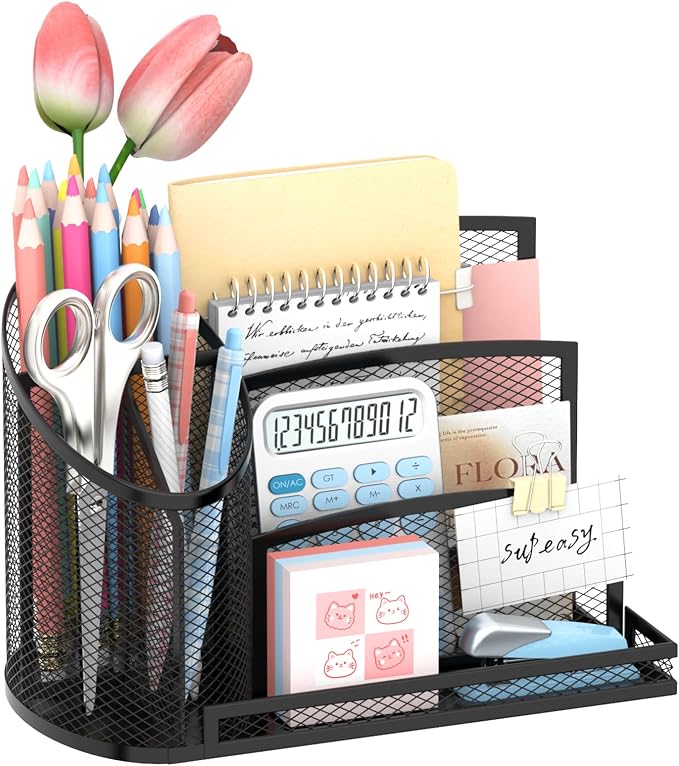 Desk Organizer with 3 Compartment Pen Holder, 3-Slot Mail Organizer and Flower Tube, Metal Mesh Bill Organizer for Pencil, Envelope, Letter and Office Supplies, Black by SUPEASY