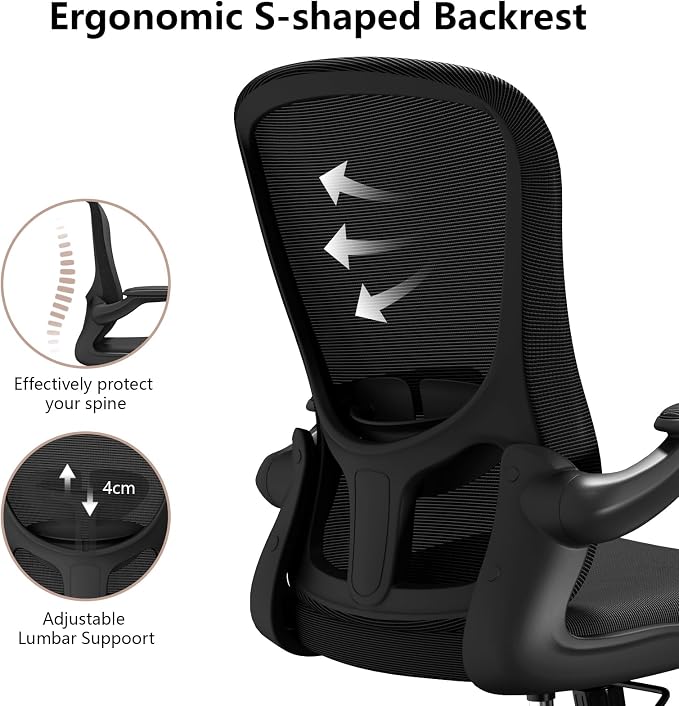 Ergonomic Office Chair, Comfort Swivel Home Office Task Chair, Breathable Mesh Desk Chair, Lumbar Support Computer Chair with Flip-up Arms and Adjustable Height - Image 9