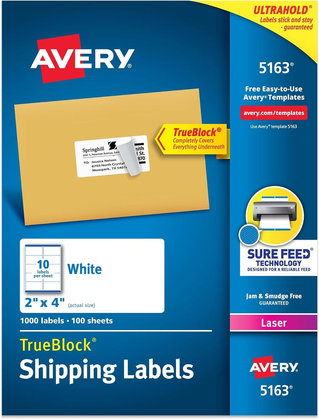 Avery® Printable Shipping Labels, Sure Feed® Technology, Customizable Stickers, White, 1,000 Blank Mailing Labels, Great for Mailing, Shipping, and More (5163), 2" x 4" (Pack of 5) by Avery