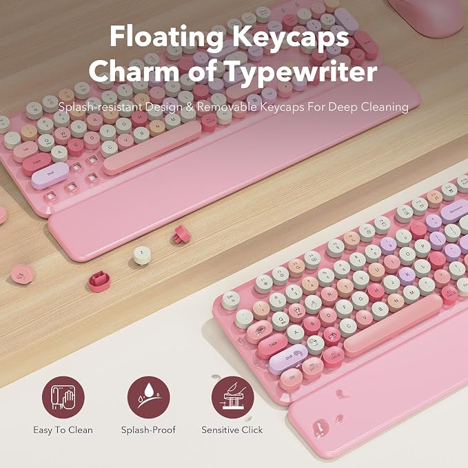 Wireless Keyboard and Mouse Combo, Cute Retro Typewriter Keyboard with Round Keycaps and Magnetic Wrist Rest, Full-Size 2.4GHz Cordless for Mac, Windows PC, Laptop, SABLUTE CK23, Pink Multi-Color | Full-Size Typewriter-Style Keyboard, Tilt Legs, 2.4GHz... - Image 3