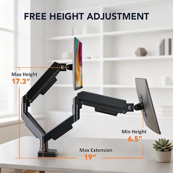 Dual Monitor Stand Adjustable Monitor Desk Mount for 17″–32″ Computer Screens, Full Motion VESA Pattern 75x75/100x100 with C-Clamp & Grommet Aluminum Base, Each Arm Holds 4.4 to 20 lbs HD09B-201 - Image 6