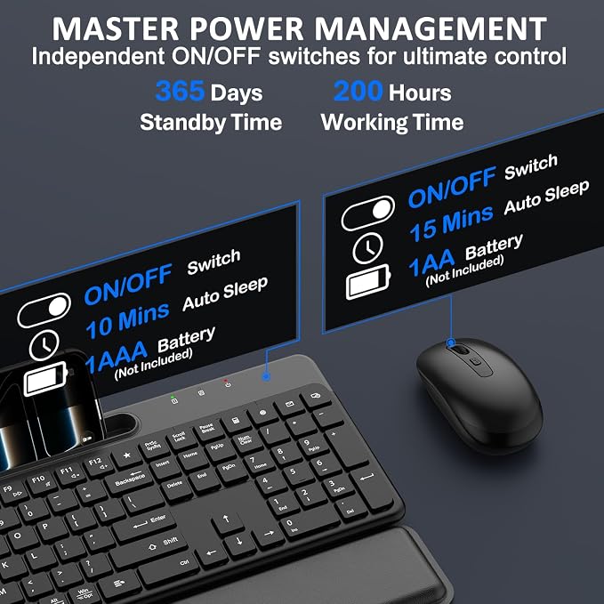 Wireless Keyboard and Mouse Combo 2.4G Ergonomic Silent for Office and Home | Full Size Ergonomic Keyboard with Removable Wrist Rest, Phone Holder, 3-Level DPI Mouse for Windows Mac OS Desktop/Laptop/PC - Image 7