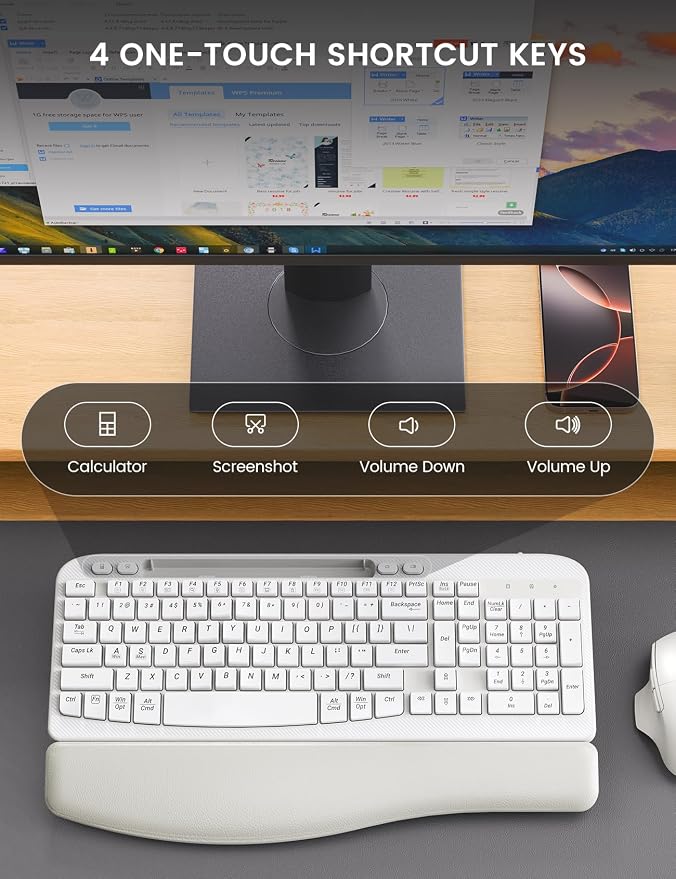 Wireless Keyboard and Mouse Combo with Ergonomic Wave Key | Leather Soft Palm Rest, Rechargeable, 4-Level DPI, Phone Holder, 2.4GHz, MA22 Plus Full Size Set for PC, Laptop, Windows, Mac - Image 8
