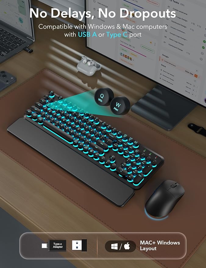 Wireless Keyboard and Mouse Backlit - Typewriter Keyboard with Magnetic Wrist Rest, Retro Round Keys, Light Up Letters, 2.4GHz Cordless Combo for Mac, Windows, PC, Laptop, Trueque CK23Pro [Upgraded] | Retro Round Keys, Light Up Letters, 2.4GHz Cordless... - Image 6