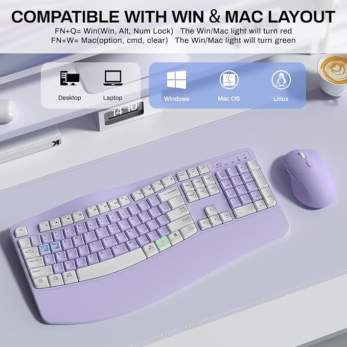 Wireless Keyboard and Mouse Combo,2.4G Ergonomic Wave Keys(Purple-A) | Full Size Cordless Keyboard with Wrist Rest,3-Level DPI Ergonomic Mouse for Office and Home,Windows/Mac OS/Desktop/Laptop/PC - Image 5
