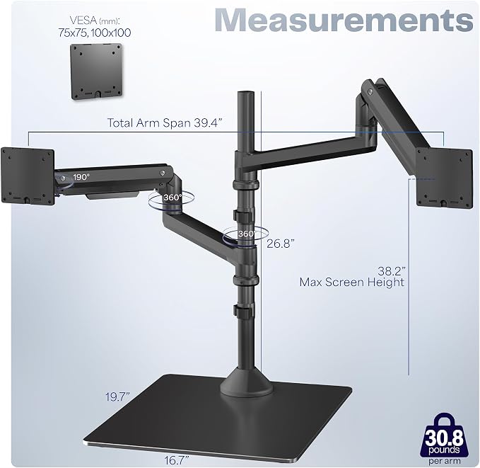 VIVO Pneumatic Arm Dual Ultrawide Monitor Desk Stand for Up to 49 inch Screens with Tempered Glass Base, Holds 2 Ultra Wides Up to 30.8 lbs, Black, STAND-V249FG - Image 3