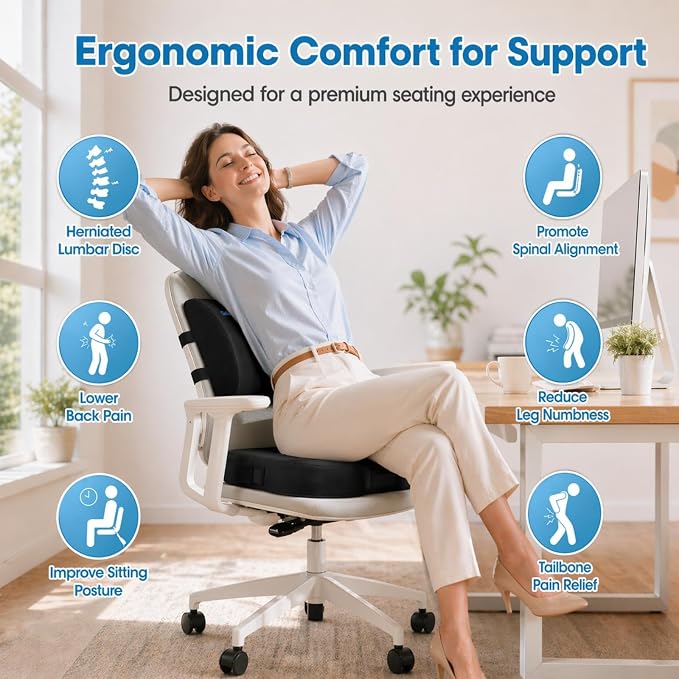 CloudBliss Ergonomic Seat Cushion & Lumbar Support Pillow Set, Black,Large | Back Pain & Sciatica Relief, Memory Foam Support, Adjustable Straps, Machine Washable Velvet, Perfect for Office, Car, Gaming - Image 2