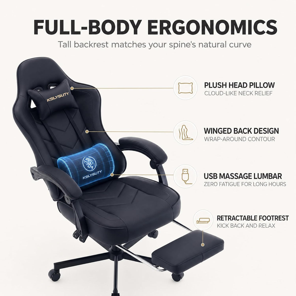 Office Desk Computer Gaming Chair for Adults, Ergonomic High Back Gamer Chair with Massage and Pocket Spring Cushion, Swivel Comfy Video Game Chairs with Footrest and Lumbar Support (Black) - Image 4