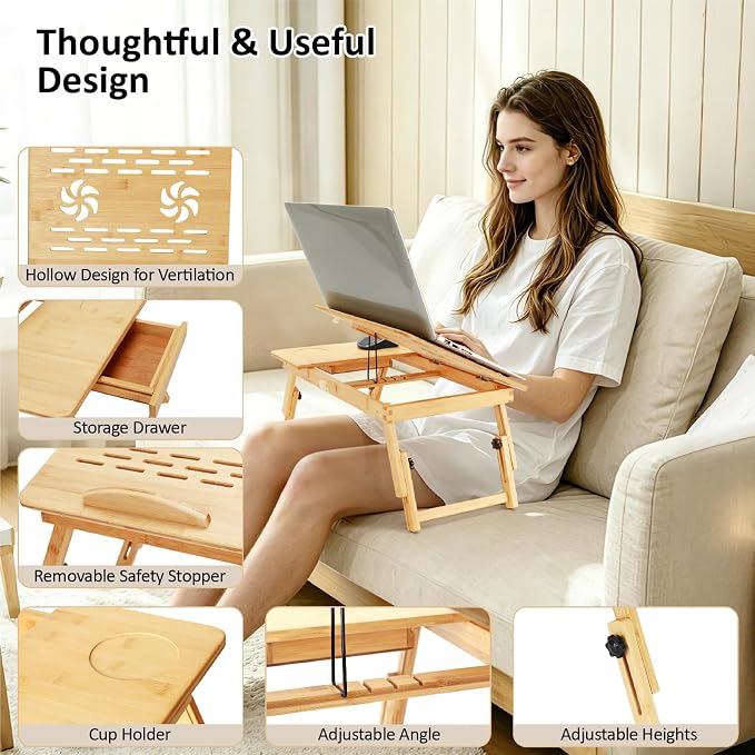 Laptop Desk for Bed, Foldable Bed Tray, Adjustable Angle & Height | Bamboo Laptop Stand with Cup Holder and Drawer, Portable Lap Desk for Couch Sofa Floor, Ideal for Breakfast, Writing, Drawing - Image 5