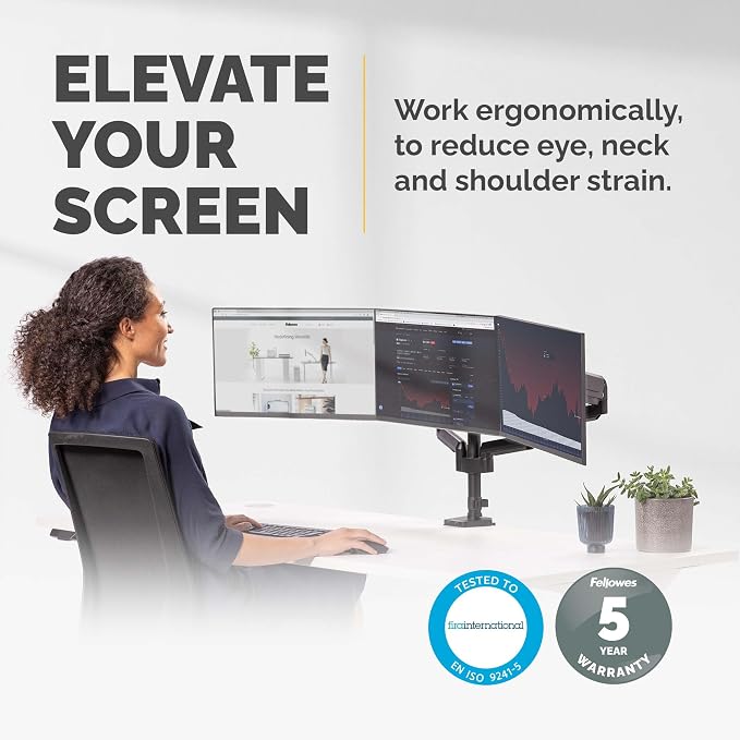 Fellowes Platinum Series Triple Monitor Arm for 27-Inch Monitors, Full Motion, 360° Rotation, VESA Mount with Grommet or Clamp, USB Ports, Ergonomic, Black, 8042601 - Image 3
