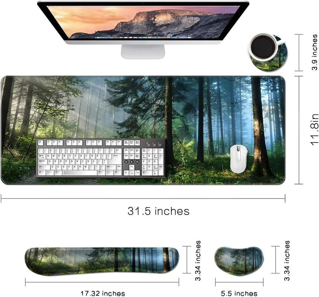 MIBITRI Keyboard Mouse Pad Set, Extended Gaming Mouse Pad+Ergonomics Keyboard Wrist Rest Support, Memory Foam, Easy Typing Pain Relief, 3Pcs XXL Ultra Thick Desk Mat, Forest in The Morning - Image 5