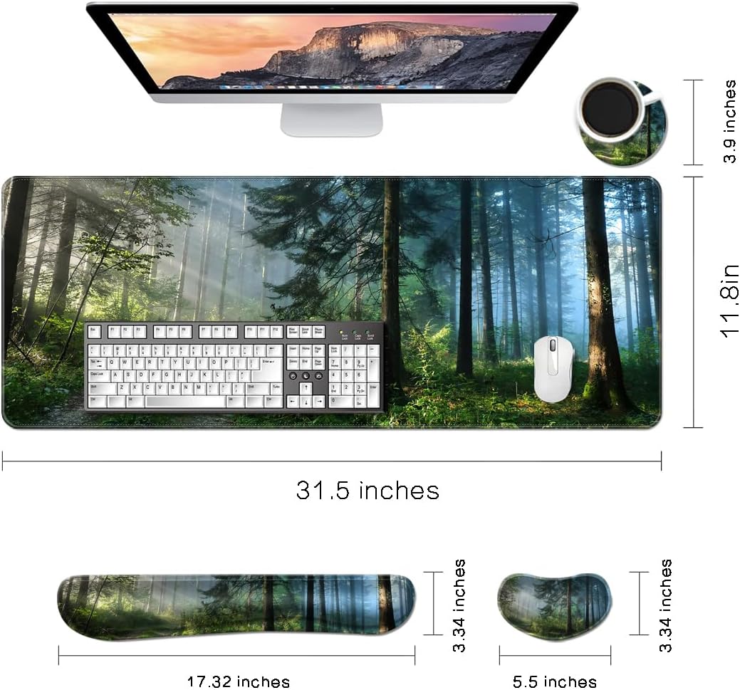 MIBITRI Keyboard Mouse Pad Set, Extended Gaming Mouse Pad+Ergonomics Keyboard Wrist Rest Support, Memory Foam, Easy Typing Pain Relief, 3Pcs XXL Ultra Thick Desk Mat, Forest in The Morning - Image 5