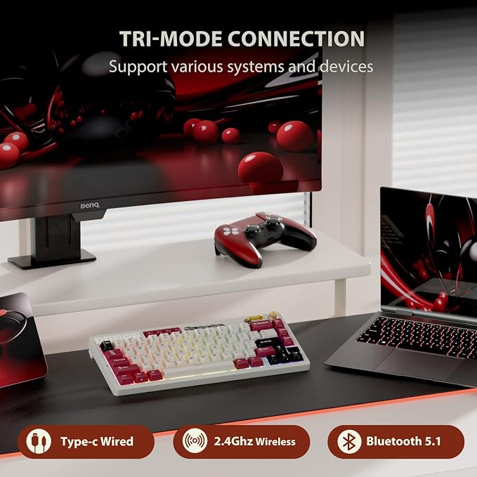 RK ROYAL KLUDGE M65 Wireless Mechanical Keyboard with Volume Knob, 60% Tri-Mode Gaming Keyboard 2.4G/BT/USB-C, Gasket Mount, Battery Display, PBT Keycaps, Hot-Swappable Cream Switch, White - Image 3