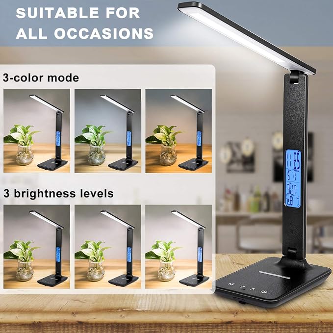 LED Desk Lamp with Wireless Charger, Suitable for Home, Office Dimmable, with USB Charging Port, Built-in Clock, Calendar, Thermometer and Automatic Timing Reading Desk Lamp. - Image 3
