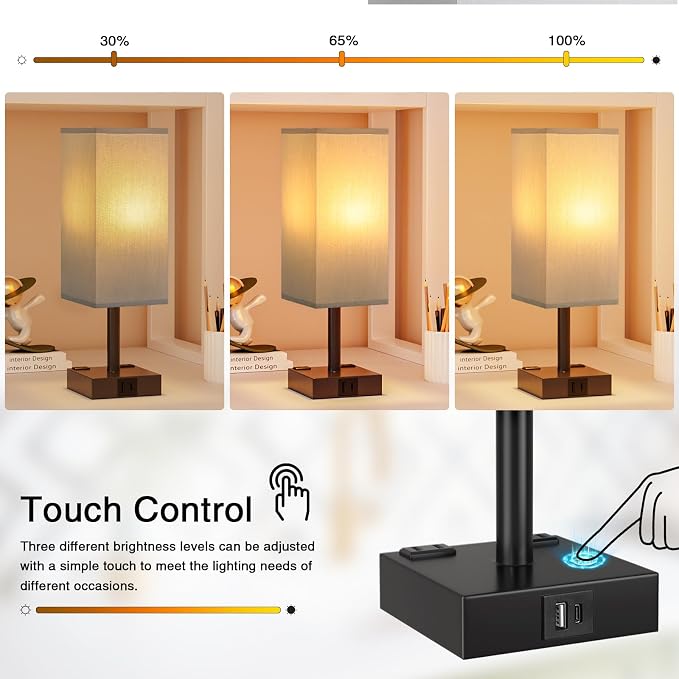 Grey Touch Table Lamp for Bedroom - Dimmable, USB C+A, 2 AC Outlets | 3-Way Dimming, 3000K Bulb Included, Square Grey Lampshade and Black Base, Desk Lamp for Nightstand, Living Room, Dorm - Image 2