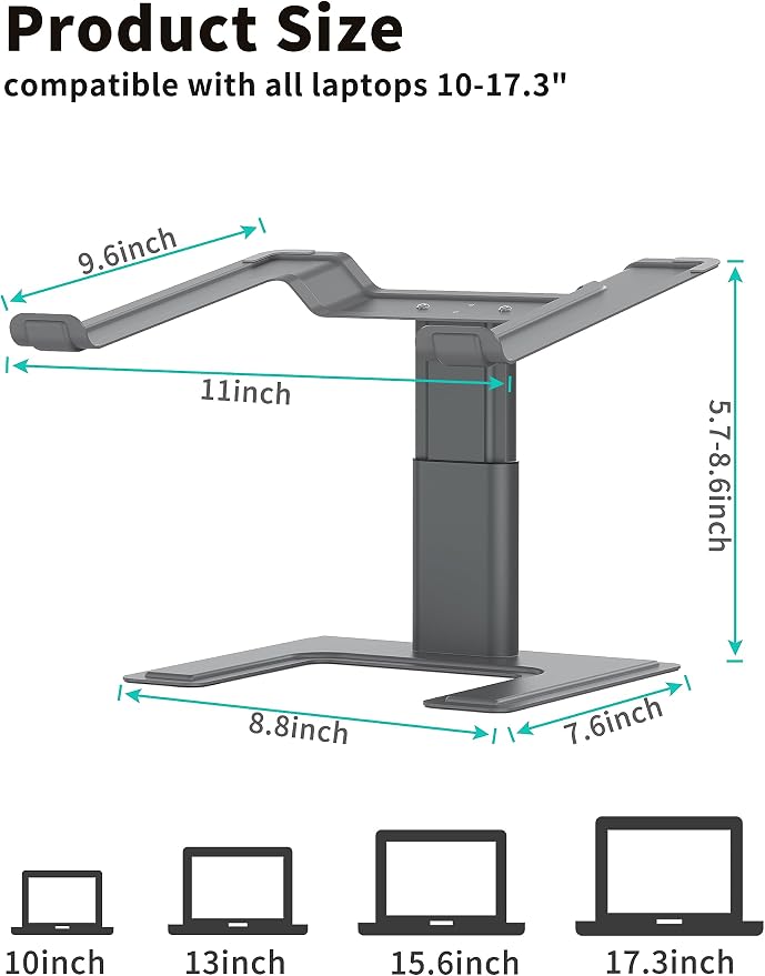 ALASHI Laptop Stand for Desk, Computer Stand Adjustable Height, Ergonomic Notebook Laptop Riser, Aluminum Metal Holder Compatible with 10 to 17.3 Inches Notebook PC Computer, Grey - Image 6