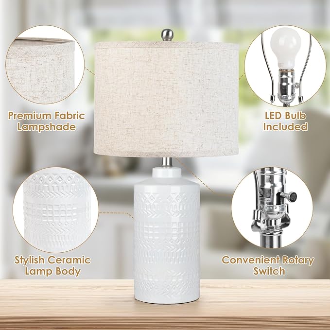 JUNNAI White Ceramic Table Lamp with Beige Shade: 3-Way Dimmable Night Stand Light Lamp 24.5" Modern Table Lamps for Living Room Bedroom End Table Office Entryway Lamps (Bulb Included - Image 4