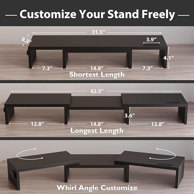 BONTEC Dual Monitor Stand Riser, Adjustable Length & Swivel Angle, Black | Ergonomic Wooden Desktop Organizer with Smartphone Holder, Computer Monitor Stand for PC, Laptop, Printer and Large Storage - Image 3