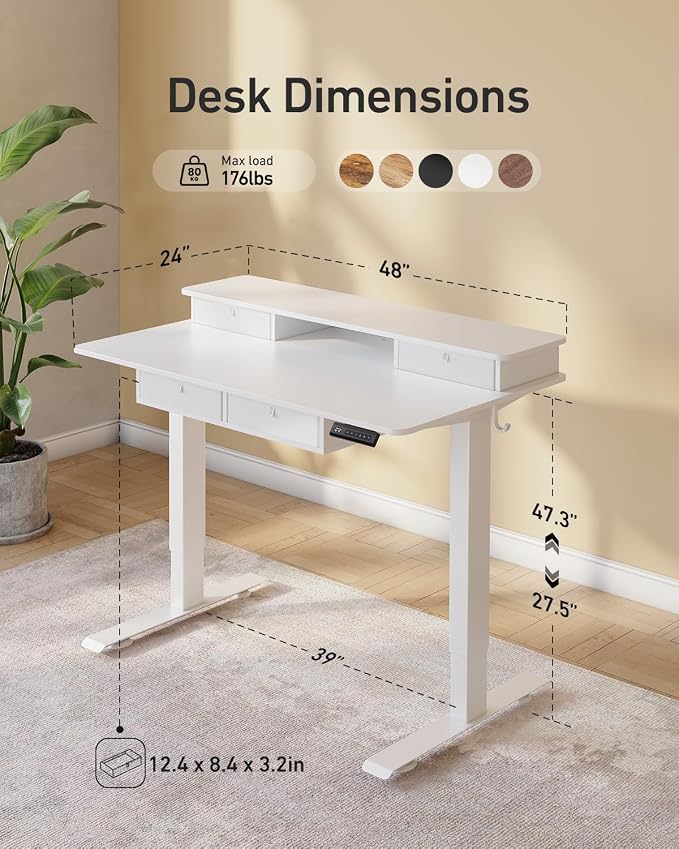 CubiCubi 48" x 24" Standing Electric Desk with Drawers, Warm White | Height Adjustable Workstation, Computer Sit Stand Up Office Table with Large Storage Shelf, 4 Drawers and 2 Hooks - Image 3