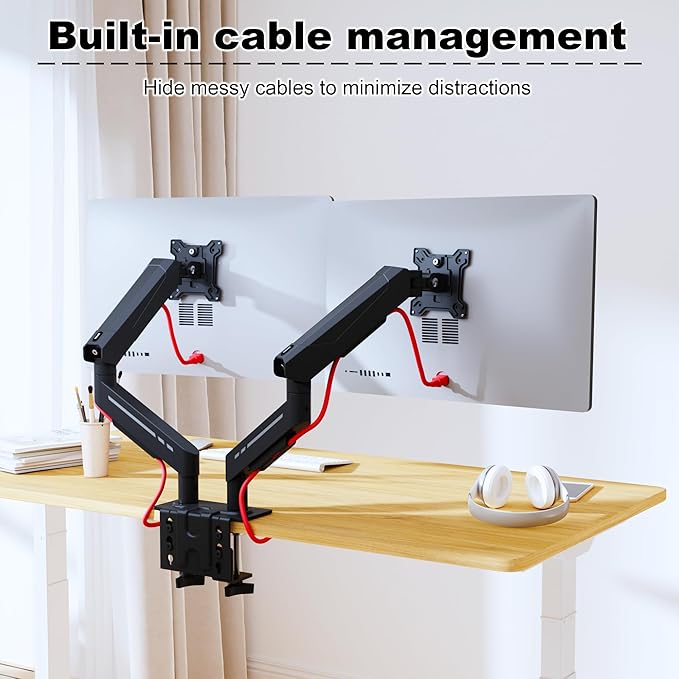THEARK Dual Monitor Stand for Desk - Dual Monitor Mount for 17-32 Inch Screens,Height Adjustable Dual Monitor Arm Desk Mount with Clamp and Grommet Base,75x75/100x100mm VESA Mount,Max 19.8 lbs,Black - Image 4