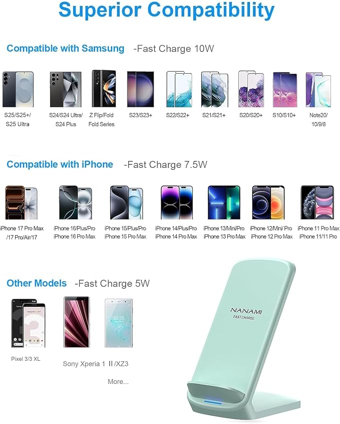 NANAMI Upgraded Fast Wireless Charger, Desktop Cordless Charging Stand | Compatible with Samsung Galaxy S26/S25/S24/S23/S22/S21/S20 & Phone Charger Dock for iPhone 17/17 Air/17 Pro/16/15/14/13/12 - Image 2