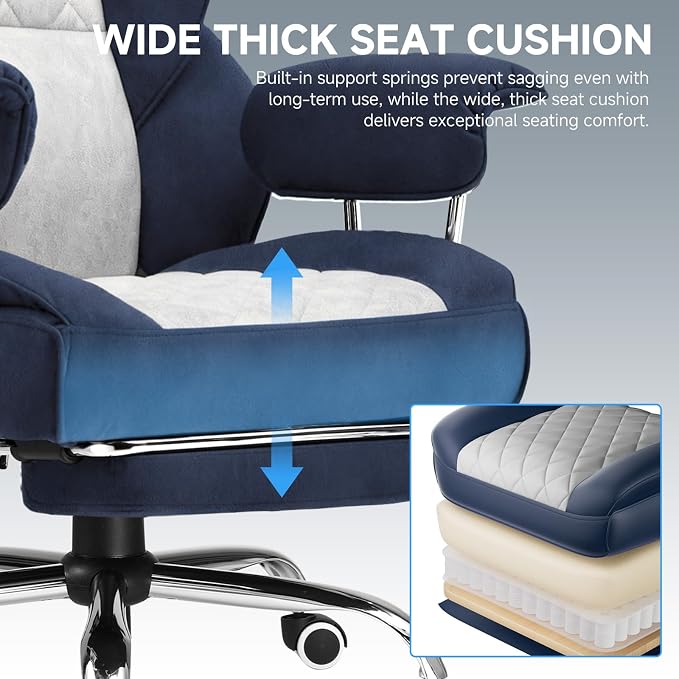 GTPLAYER Gaming Chair,Office Chair with Pocket Spring Lumbar Support, Ergonomic Comfortable Wide Office Desk Computer Chair with Outward Fixed Soft Armrests and Footrest (Fabric, Dark Blue & White) - Image 8