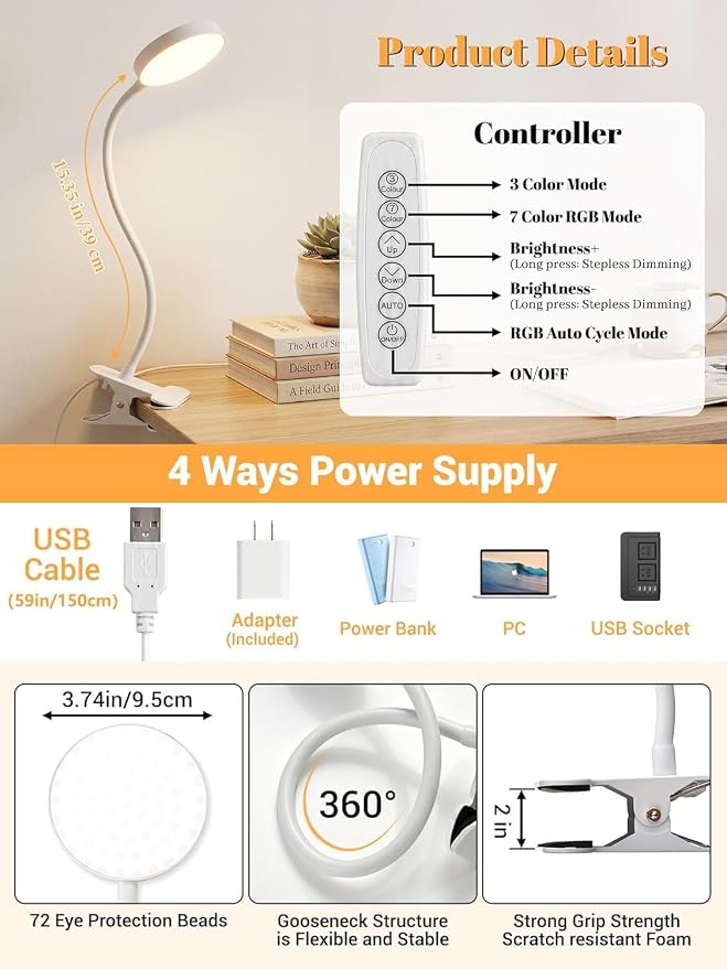 Clip on Lamp,10 RGB Colors+10 Brightness Bright Desk Lamp with Clamp Light | 500 Lumen Eye Care 72 LED Desk Light with USB Adapter,Clip on Reading Light for Bed/Headboard/Bedside Table/Bedroom/Dorm Lamp - Image 8