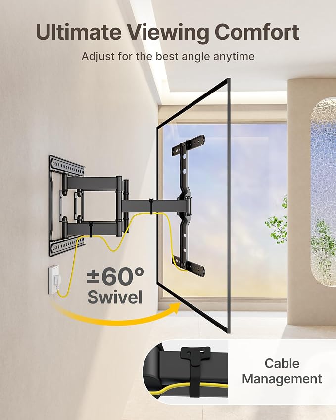 monTEK 1.1-Inch Ultra Slim Full Motion TV Wall Mount for 37-75 Inch TVs | Low-profile mount holds 132 lb, 16.5 in reach, +/-60° swivel; 4X load tested, preassembled, VESA 400x400mm, 16/18 in studs - Image 6
