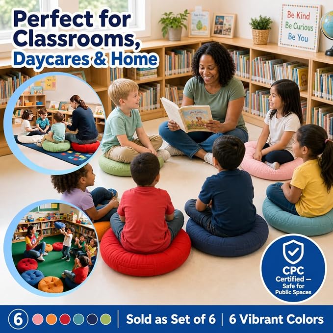 Floor Cushions For Kids 6Pack, Round Flexible Classroom Seating, 15 inch | Waterproof Floor Pillows With Handles, Safe Smolder Resistance Sitting Pillow For Elementary, Daycare & Reading, Multicolor - Image 7