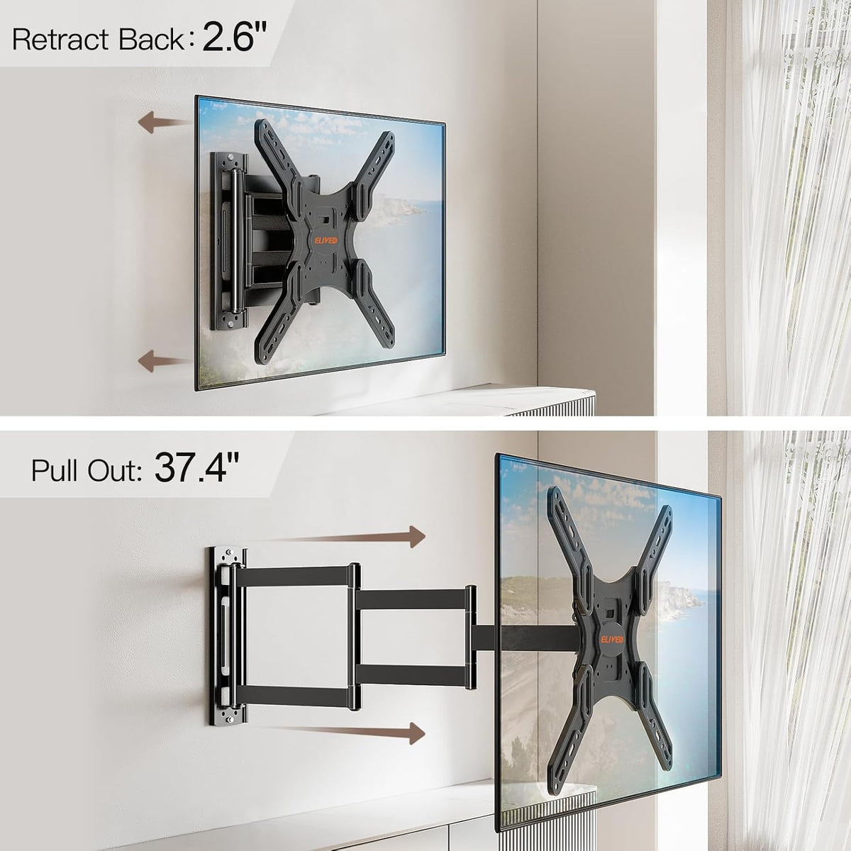 ELIVED Long Arm TV Wall Mount for Most 26-65 Inch TVs, 37.4 Inch Long Extension TV Mount Swivel and Tilt, Max VESA 400x400mm, Full Motion Wall Mount tv Bracket Holds up to 77 lbs. (Pack of 2) - Image 2