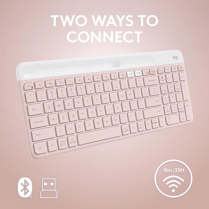 Logitech K585 Slim Wireless Keyboard with Built-in Phone Cradle - Rose | Bluetooth with included USB receiver, connects 2 devices, cradle can hold smartphone or tablet up to 10 in. in landscape mode - Image 6