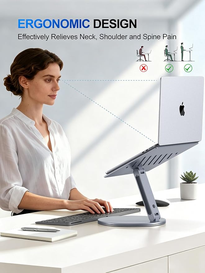 YICOSUN Laptop Stand for Desk, 360° Rotating Height Adjustable Computer Stand, Ergonomic Aluminum Laptop Riser with Ventilated Cooling, Foldable for 10-16 inch MacBook Pro Air Neo Dell HP - Gray - Image 4