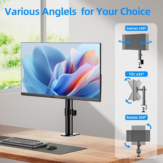 H&C(hcck&Cllassp) Single Monitor Stand for 13-27" Monitors up to 17.6lbs, Adjustable Heights and Angles Monitor Arm, Desk Mount Stand with C-Clamp, VESA 75x75mm or 100x100mm, Black - Image 4