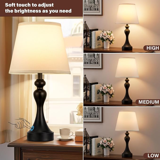 Touch Lamps for Nightstand, 3 Way Dimmable Bedside Lamps with USB C+A Ports | Touch Control, LED Bulb Included, Small Black Table Lamp for Bedroom, Night Stands, End Table, Gift，Corded，White Shade - Image 2