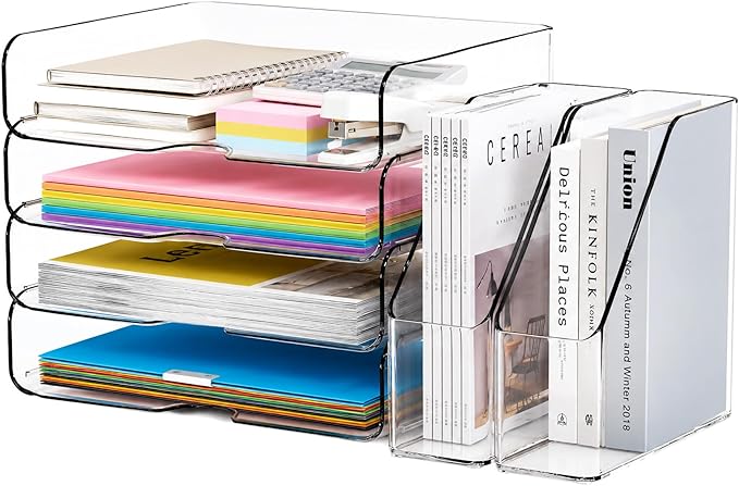 DCA 4 Tier Clear Desk Organizer, Letter Tray with 2 Magazine Holders | Stackable Desktop File Storage | Documents, Books & Supplies | Office & Home | Large Capacity by DCA