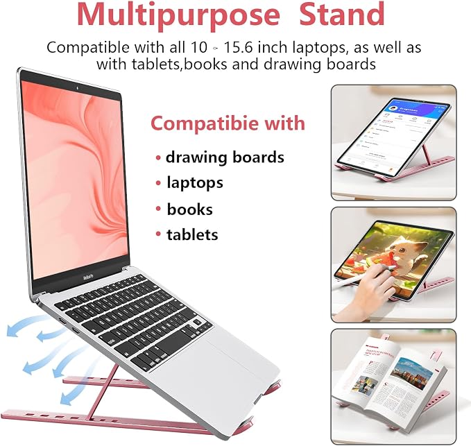Laptop Stand for Desk, Aluminum Metal MacBook Stand，Computer Riser for Desk, Portable Foldable Adjustable Notebook Holder, Compatible with 10-15.6 Inch Laptops, iPad, Rose Gold. - Image 4