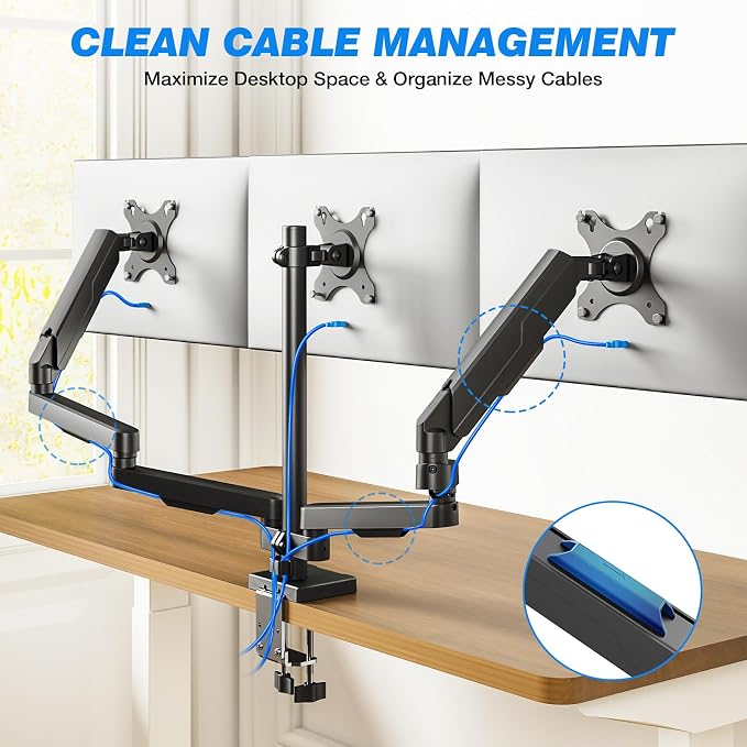 Rfiver Triple Monitor Arm Desk Mount for 17-32" Screens, VESA 75/100mm | Holds up to 19.8lbs per Arm, Full Motion Tilt, Swivel, 360 Rotation, Extra Tall Pole, C-clamp/Grommet Base - Image 8