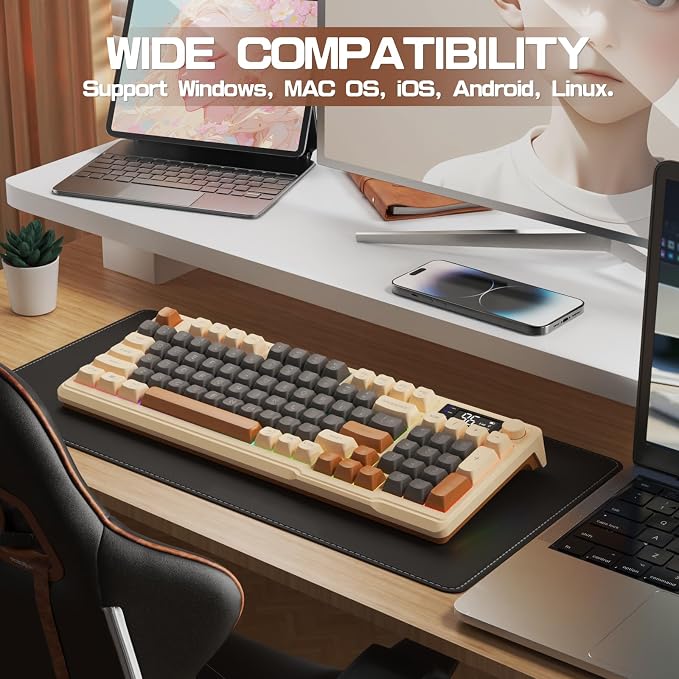 LexonElec M96 Wireless Gaming Keyboard,Knob Control Bluetooth/2.4G Wireless Mechanical Feeling Keyboard,RGB LED Backlit with Display Screen, PBT Keycap, 3000mAh, 94-Key Layout for Win/Mac(Coffee) - Image 9