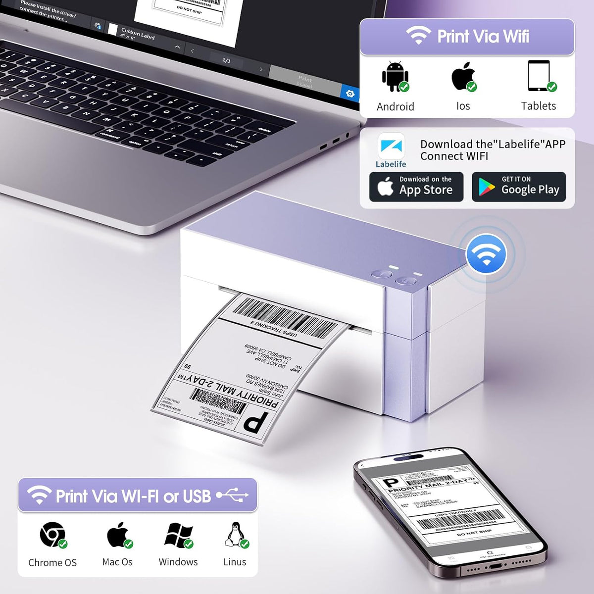 Phomemo 344WF Shipping Label Printer, [Upgraded] WiFi 300DPI Thermal Labels Printer for Shipping Packages, 4x6 Label Printers Compatible with iOS, Android and PC Etsy Ebay USPS, IF Design Award 2024 - Image 2