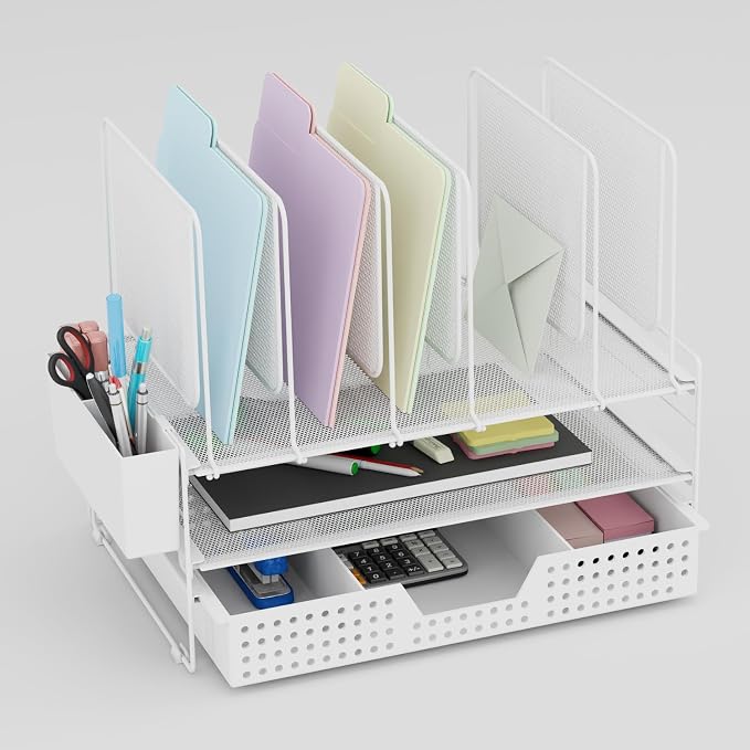 LEKETREE Desk Organizer, Office Organization with Vertical File Holder, File Organizer with Drawer and Pen Holder, Desk Accessories and Workspace Organizers for Home Office (White) by Stylishworkspaceeffortlessorganization