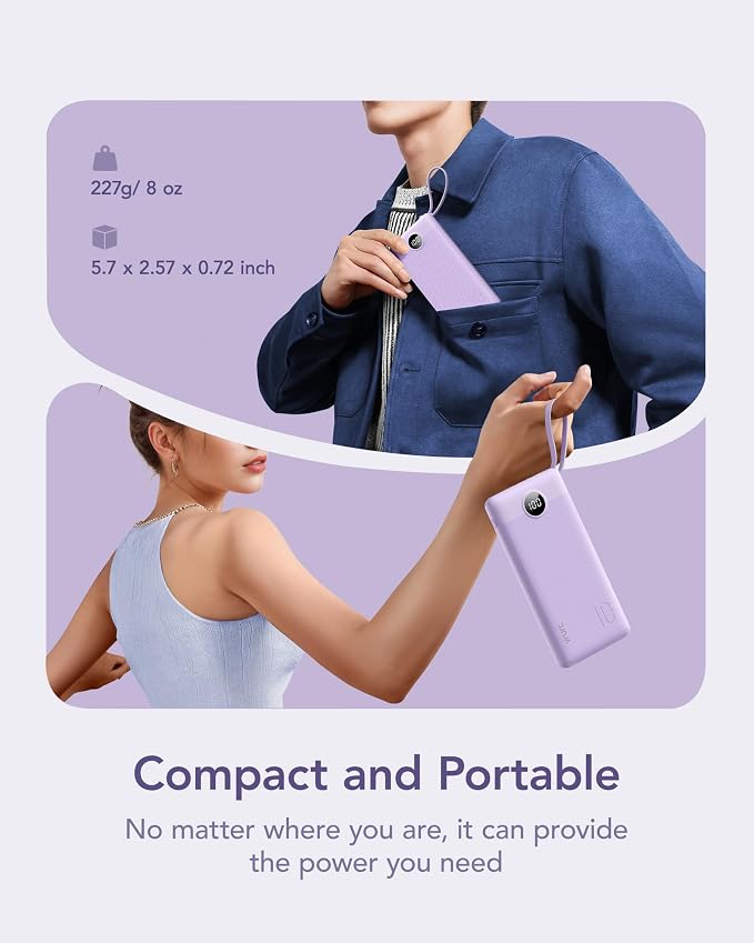 VRURC Portable Charger Built in 4 Cables, 10000mAh Power Bank | Battery Pack Travel Essentials, 5 Outputs 2 Inputs Slim Phone Charging Bank Lavender(1 Pack) - Image 2