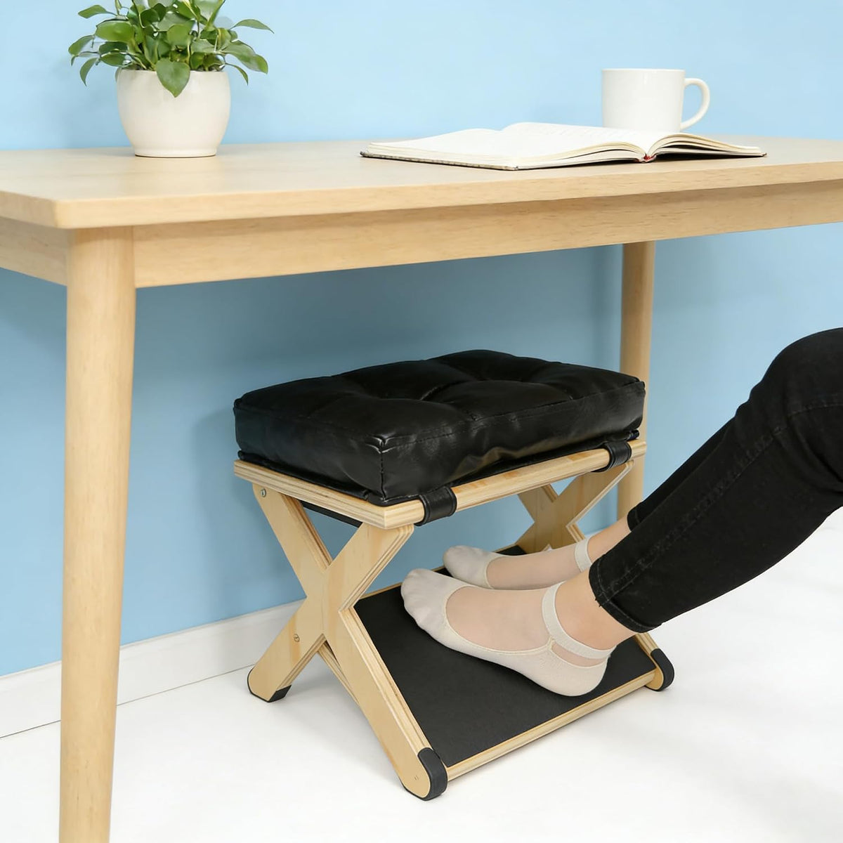 Ergonomic Wooden Under Desk Foot Rest Foot Stool with Padded Cushion Non-Slip Stepping Surface for Office, Gaming, and Work from Home，Relieve Leg, Knee, and Ankle Pain - Image 4