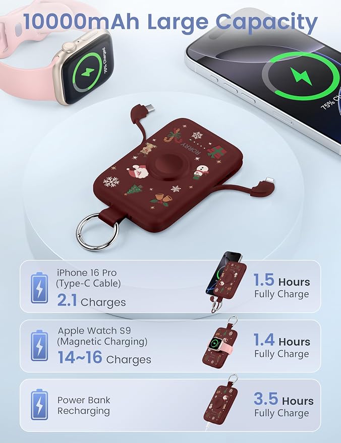 RORRY CharmGo Portable Charger, 10000mAh 20W Fast Charging Power Bank | Built-in Cables, Travel Keychain Battery Pack Essentions for Apple Watch 1~11 Series/Ultra/SE & iPhone Air/17/16/15/14/13/12 - Image 5