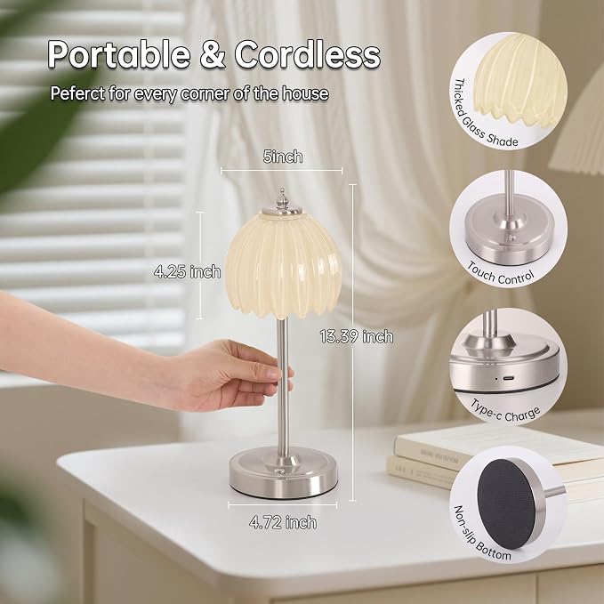 Shenmoyl Tulip Table Lamp with 5200mAh Battery & Touch Control, Cordless Small Table Lamp with 3 Colors, Dimmable Rechargeable Table Lamps for Living Room, Bedroom, Desk, Bedside (Creamy Yellow Tulip) - Image 9