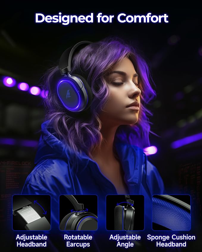Wireless Gaming Headset, 7.1 Surround Sound, 2.4GHz USB Gaming Headphones with Bluetooth 5.4, 100H Battery, ENC Noise Canceling Mic, RGB Light, Wireless Headset for PC PS5 PS4 Mac Switch (Black-Blue) - Image 6