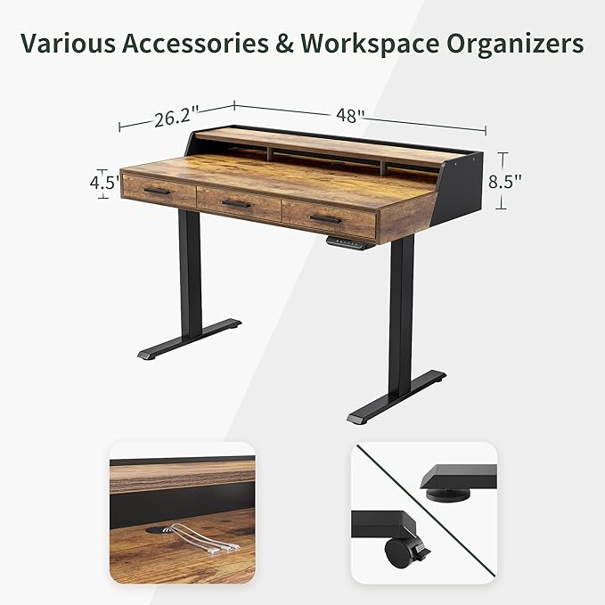CubiCubi Standing Desk 48x26 Inches with 3 Wood Drawers and Monitor Shelf, Ergonomic Rising Home Office Desks, Height Adjustable Computer Desk, Sit Stand Up Electric Workstation Table, Brown - Image 3
