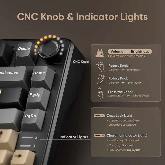 RedThunder K75 Wireless Mechanical Keyboard, CNC Knob, Tri-Mode BT5.0/2.4GHz/USB-C Hot Swappable Custom, Pre-lubed Linear Coconut Switches, Gasket Structure, RGB Gaming Keyboard, Black-Gold - Image 3