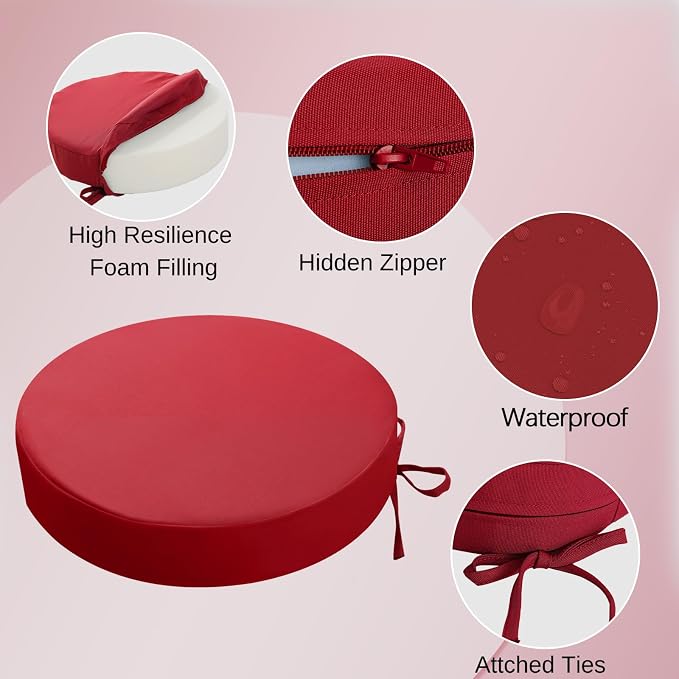 idee-home Outdoor Bistro Chair Cushions Set of 2 Think 15”x15”x 3” | Outdoor Round Seat Cushions with Ties, Waterproof Round Patio Furniture for Garden - Image 2
