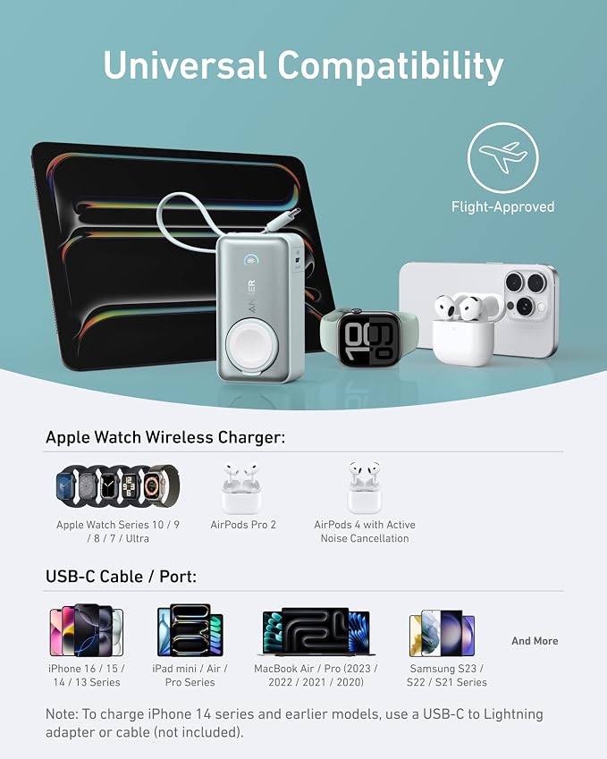 Anker MagGo Power Bank for Apple Watch, 10,000mAh 35W Max Portable Charger | Officially Certified 10,000mAh Battery Pack with Built-In USB-C Cable, for iPhone 17 Series, Samsung, iPad, AirPods, and More - Image 6