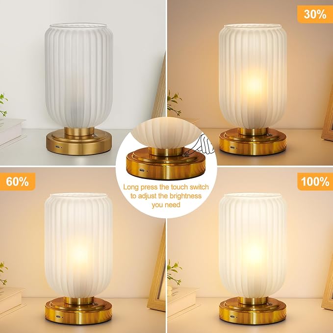 LightRound Cordless Table Lamp for Bedroom, Touch Stepless Dimmable | 7500mAh Rechargeable Battery, Matte Glass Shade, Brushed Gold Base, Bulb Included, Modern Wireless Lamp for Desk, Living Room - Image 3